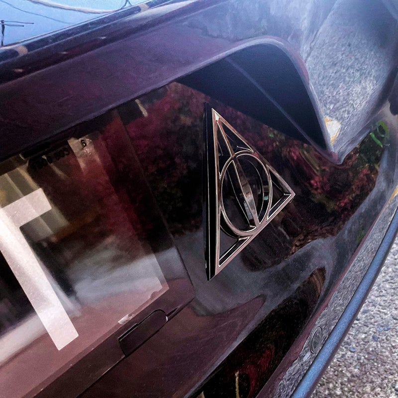 Fan Emblems Deathly Hallows Car Emblem - Harry Potter Symbol 3D Auto Badge - Color: Black Chrome - Size: 3.7 x 3.2 x 0.2 inches - Officially Licensed Wizarding World Car Accessories - Image 4